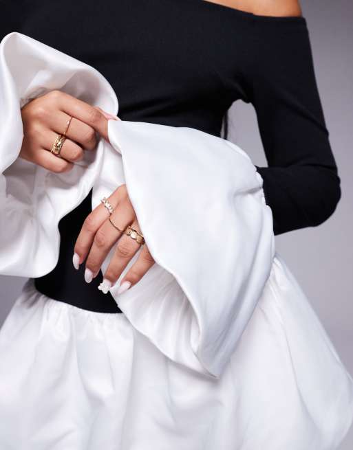 Heiress Beverly Hills Exclusive bardot contrast puff sleeve bubble hem mini dress in black and white