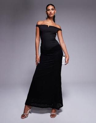 Exclusive bardot notch front contrast lace maxi dress in black