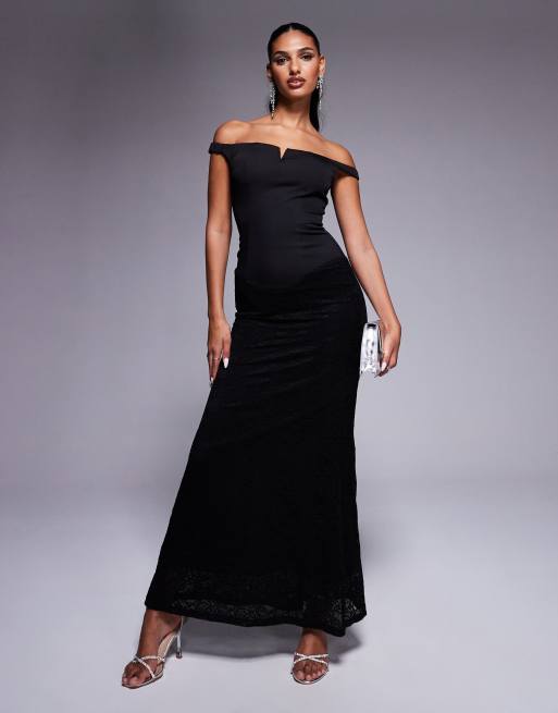  Heiress Beverly Hills Exclusive – Czarna sukienka maxi z dekoltem bardot z wycięciem i kontrastową koronką