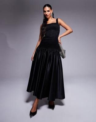 Exclusive lace square neck dropped waist satin skirt maxi dress in black