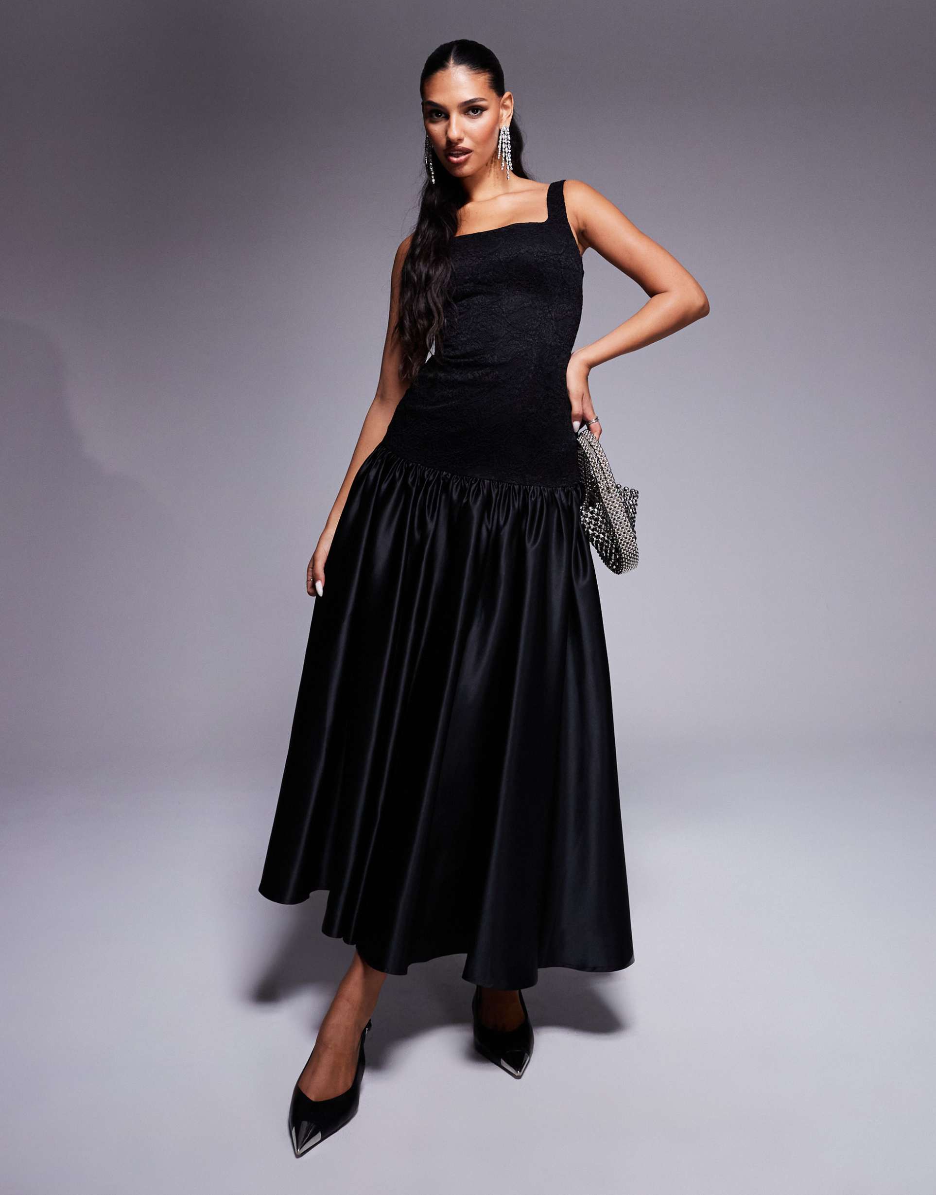 heiress beverly hills exclusive lace square neck dropped waist satin skirt maxi dress in black