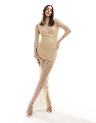 exclusive premium all over diamante mesh detail long sleeve maxi dress in beige-Neutral