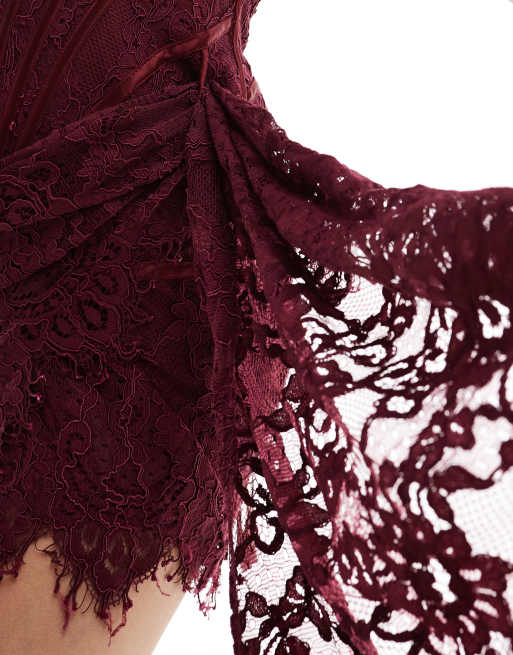 Heiress Beverly Hills exclusive premium lace bandeau drape corset mini dress  in burgundy | ASOS
