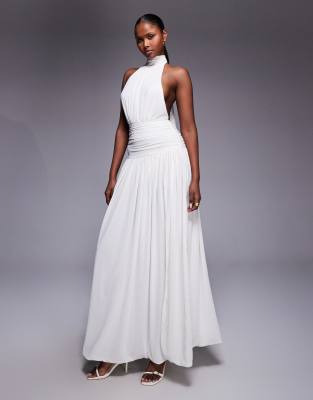 Heiress Beverly Hills High Neck Halterneck Tie Back Ruched Dropped Waist Open Back Maxi Dress In White