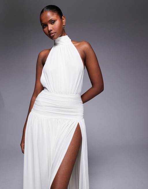 high neck cream dress ASOS DESIGN asymmetric high neck minimal maxi dress in cream