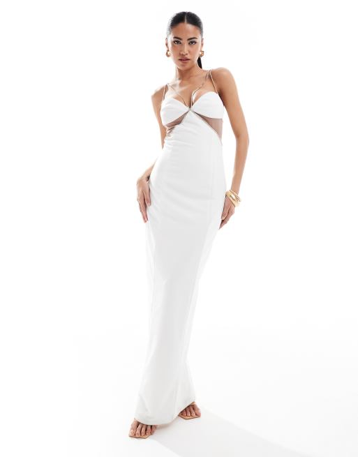Heiress Beverly Hills – Hochwertiges Maxikleid in Weiß mit Strass-Trägern und Netzstoff-Zierausschnitt