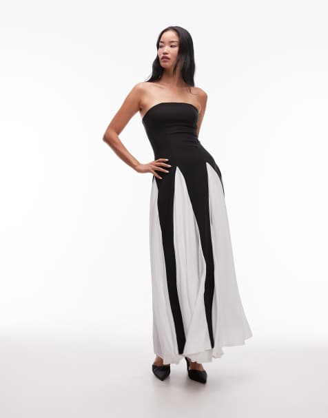 Heiress Beverly Hills - Maxi-jurk met bandeau halslijn, contrasterende godetplooien en structuur in zwart en wit - view 1