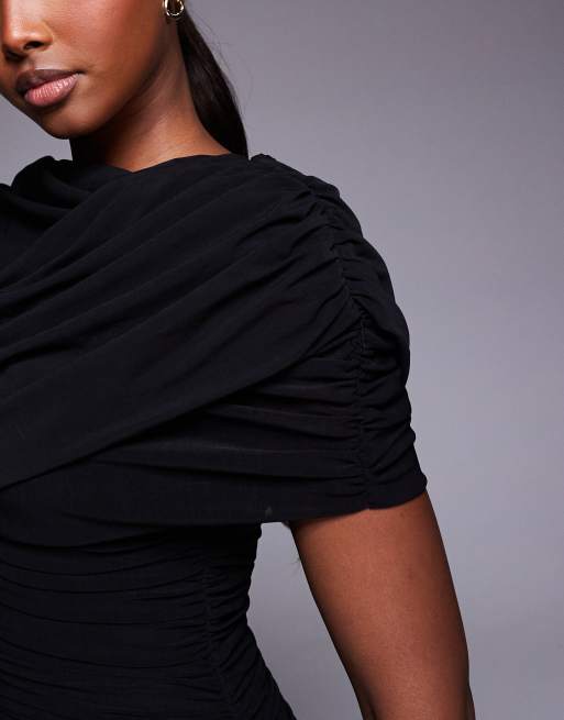 Heiress Beverly Hills mesh drape cape shoulder detail bodycon mini dress in black, 3 of 4