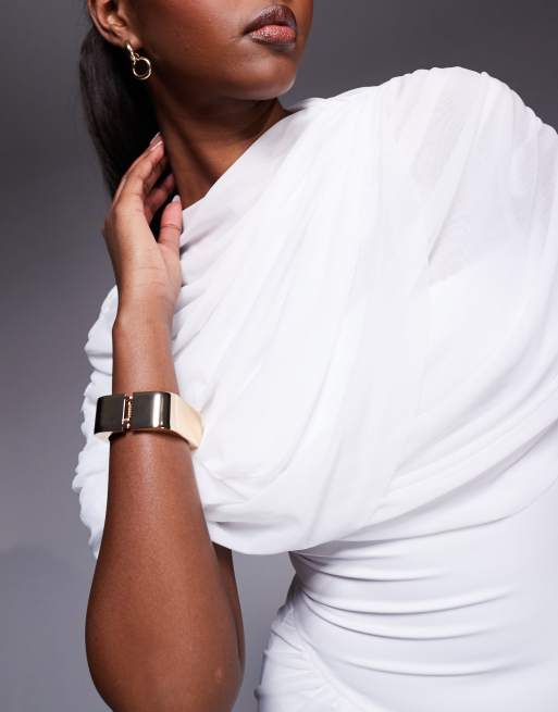 Heiress Beverly Hills mesh drape detail asymmetric drop waist maxi dress in white, 4 of 4