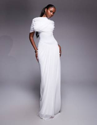 Heiress Beverly Hills Mesh Drape Detail Asymmetric Dropped Waist Maxi Dress In White