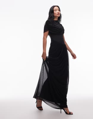 Heiress Beverly Hills Mesh Overlay Drape Detail Asymmetric Dropped Waist Maxi Dress In Black