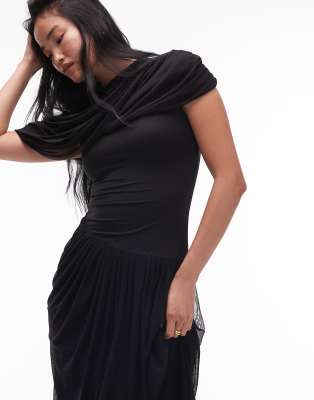 Heiress Beverly Hills Mesh Overlay Drape Detail Asymmetric Dropped Waist Maxi Dress In Black