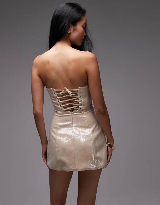 Heiress Beverly Hills - Mini korsetjurk met structuur en lovertjes in botercrème, 2 van 4