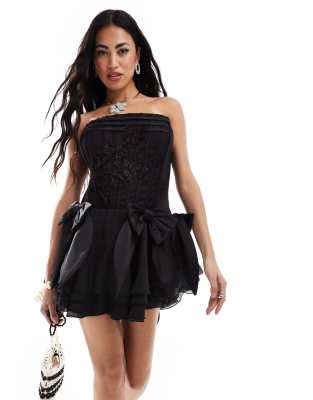 Heiress Beverly Hills premium bandeau embellished corset detail mini dress with bow appliques in black