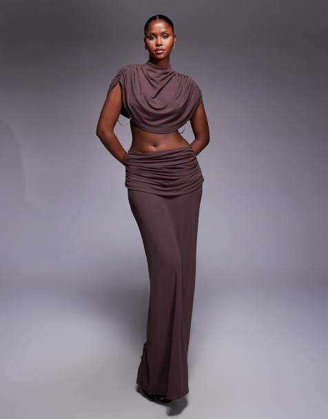 Heiress Beverly Hills premium cotton blend ruched draped waist detail maxi skirt in chocolate - part of a set - view 1