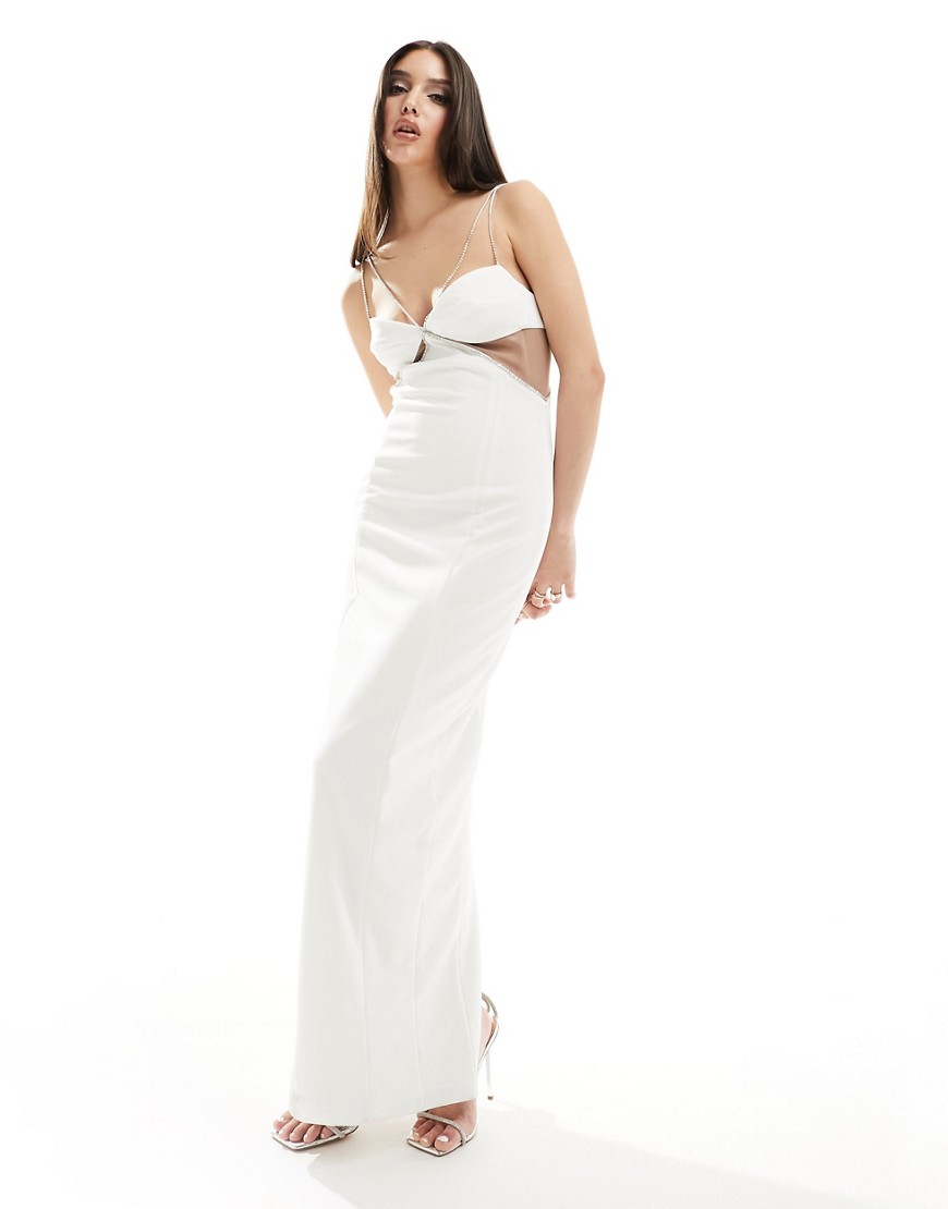 Heiress Beverly Hills Premium Diamante Strap Cut Out Mesh Detail Maxi Dress In White
