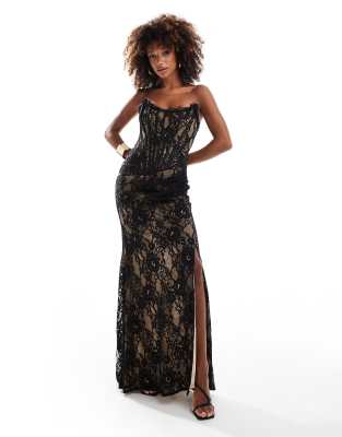 premium exclusive lace bandeau corset thigh split maxi dress in black