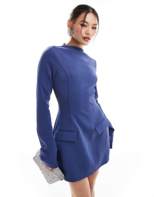 Heiress Beverly Hills premium exclusive structured long sleeve pocket detail mini a line dress in slate blue ASOS