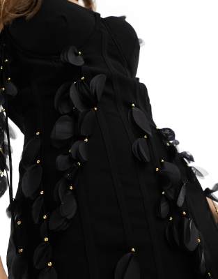 Heiress Beverly Hills premium linen look corset petal detail mini dress in  black