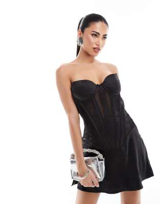 premium satin corset bandeau mini dress with mesh inserts in black