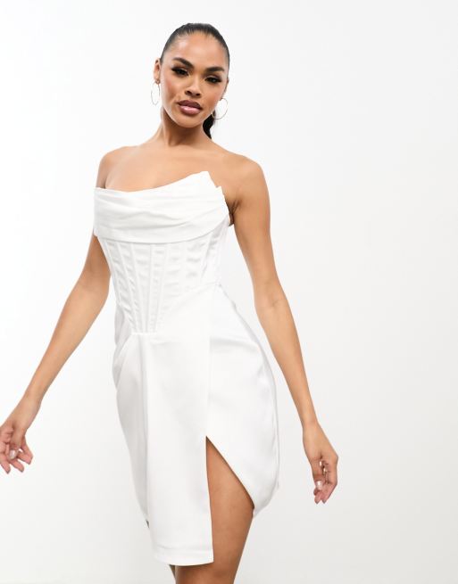 White Mini Dress Sleeveless Cowl Neck Corset Waist Satin