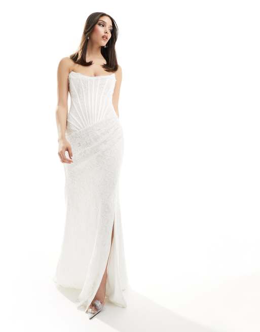 Heiress Beverly Hills - Robe bandeau longue haut de gamme en dentelle style corset à fente sur la cuisse - Blanc