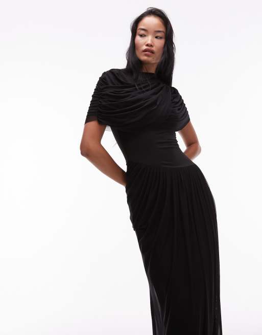 Heiress Beverly Hills - Robe longue asymétrique taille basse avec superposition drapée en tulle - Noir, 2 de 4