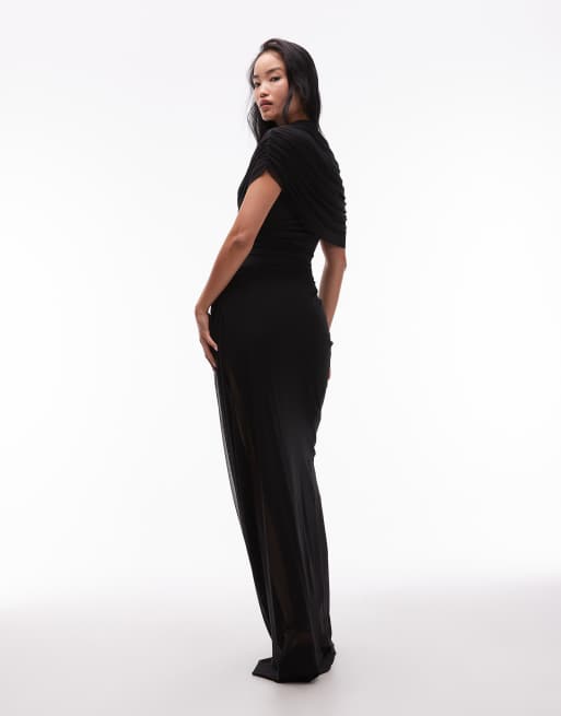 Heiress Beverly Hills - Robe longue asymétrique taille basse avec superposition drapée en tulle - Noir, 3 de 4