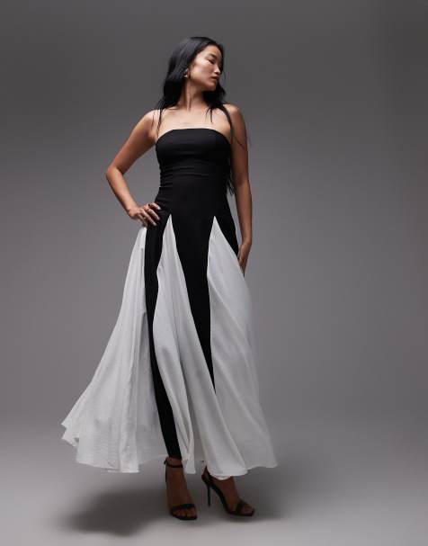 Heiress Beverly Hills structured bandeau contrast godet pleat maxi dress in black and white - view 1