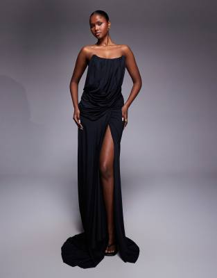 Heiress Beverly Hills Structured Bandeau Drape Detail Thigh Slit Maxi Dress In Black