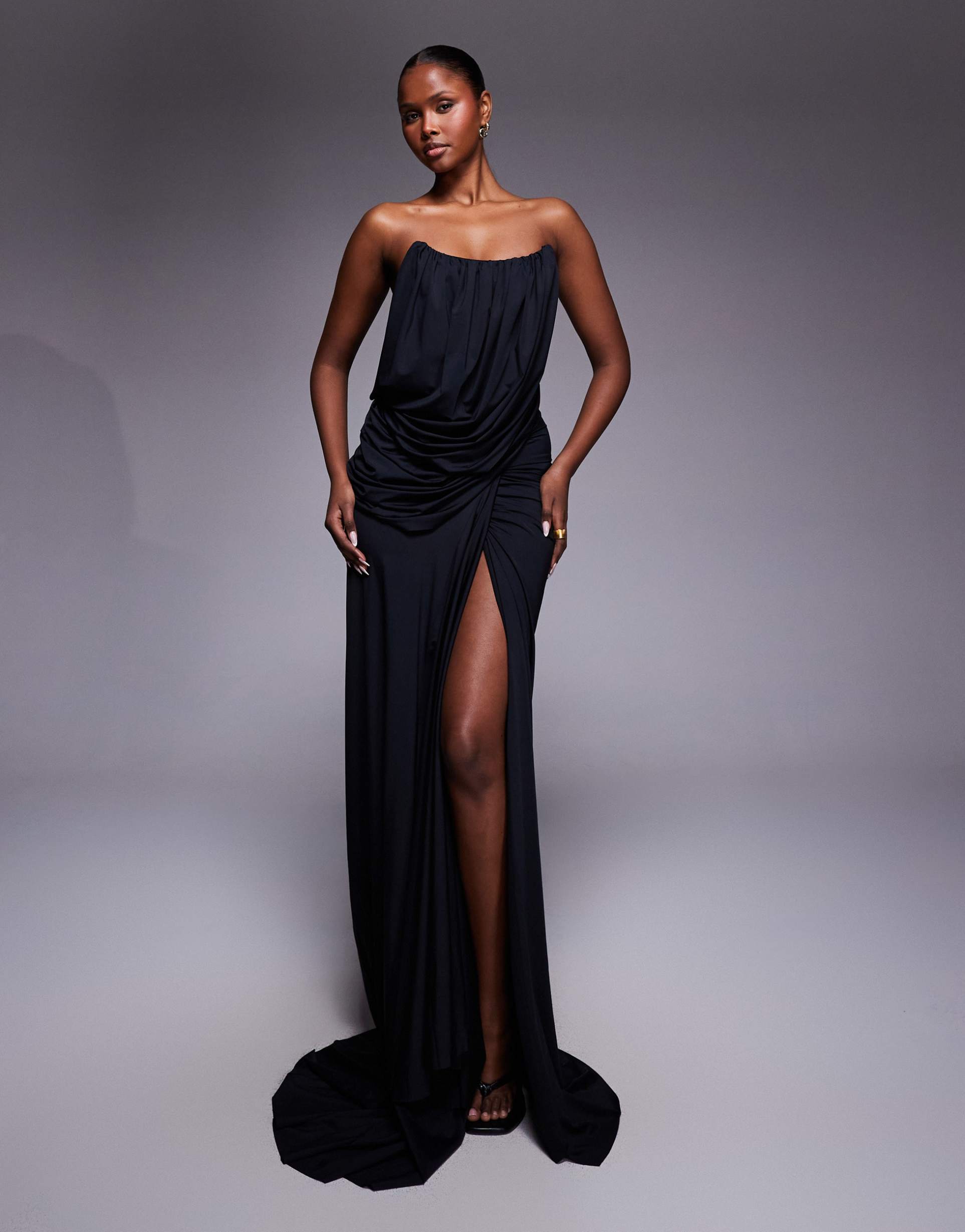 heiress beverly hills structured bandeau drape detail thigh slit maxi dress in black