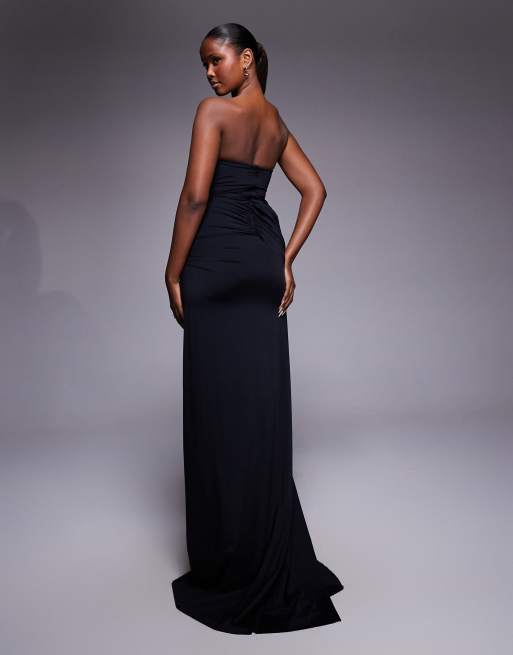 Thigh High Slit Dress Strapless Black Long Dress Heiress Beverly Hills  Structured Bandeau Drape Detail Thigh