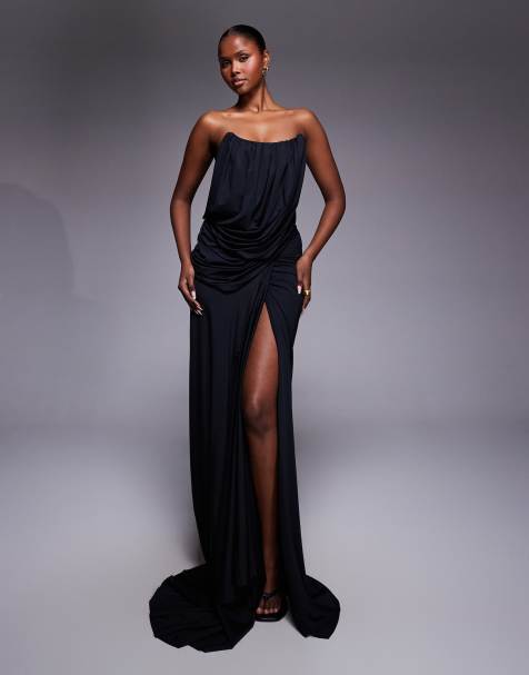 Heiress Beverly Hills structured bandeau drape detail thigh split maxi dress in black