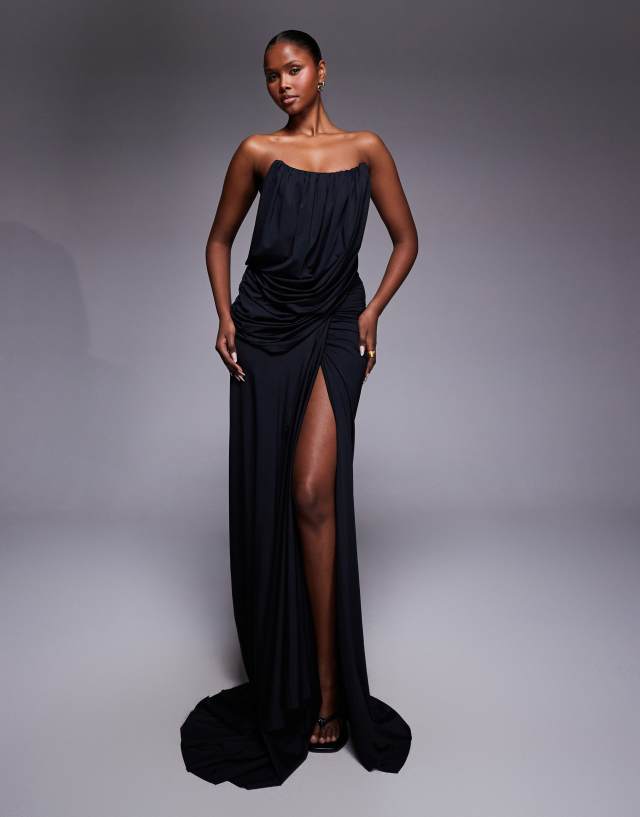 beverly hills formal dresses Heiress structured bandeau drape detail thigh split maxi dress in black Maxi dress