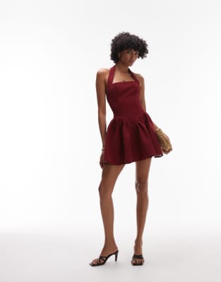 Heiress Beverly Hills Structured Halterneck Drop Waist Pleat Detail Mini Dress In Red