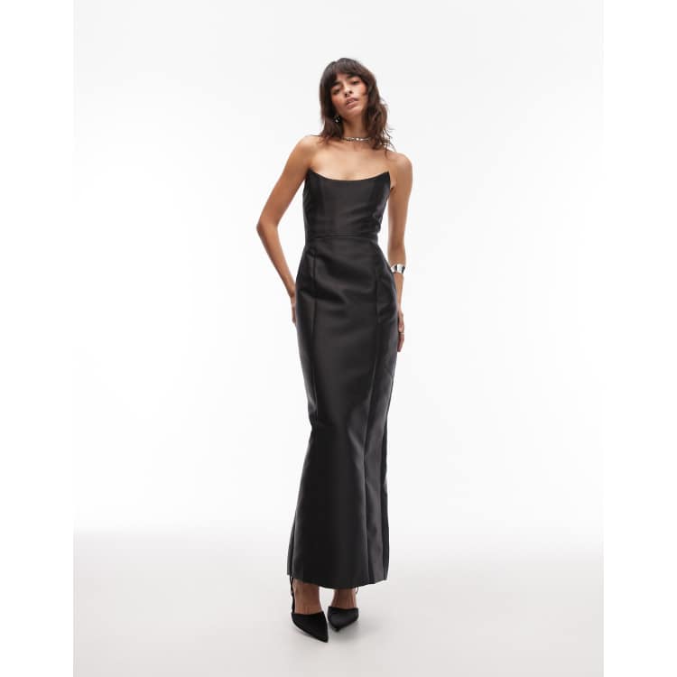 Heiress Beverly Hills Structured Satin Corset Lace Up Back Maxi Dress in Black