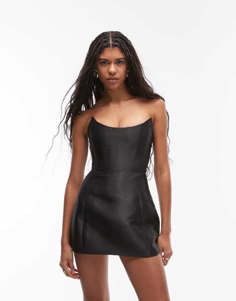 Heiress Beverly Hills structured satin lace up back bandeau mini dress in black