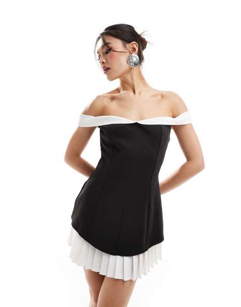 Heiress Beverly Hills - Vestito corto premium nero con orlo a pieghe e scollo Bardot a contrasto - view 1
