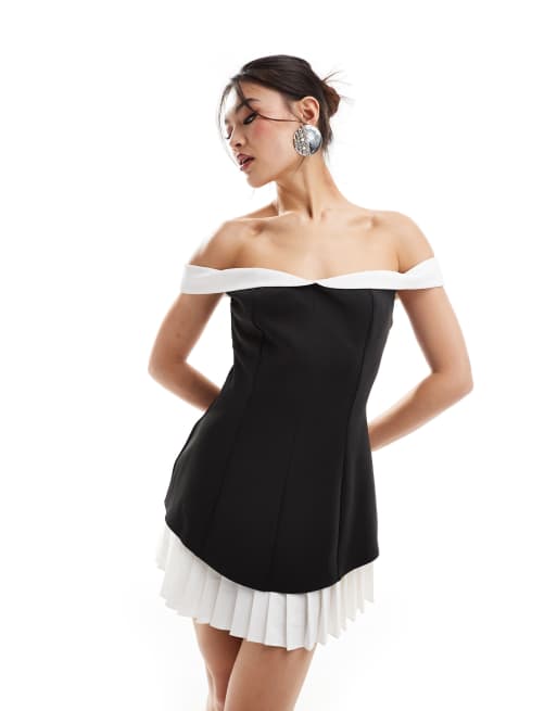 Heiress Beverly Hills - Vestito corto premium nero con orlo a pieghe e scollo Bardot a contrasto