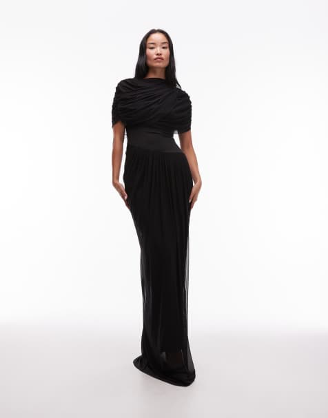 Heiress Beverly Hills - Vestito lungo nero con vita scesa, drappeggio asimmetrico e strato sovrapposto in rete - view 1