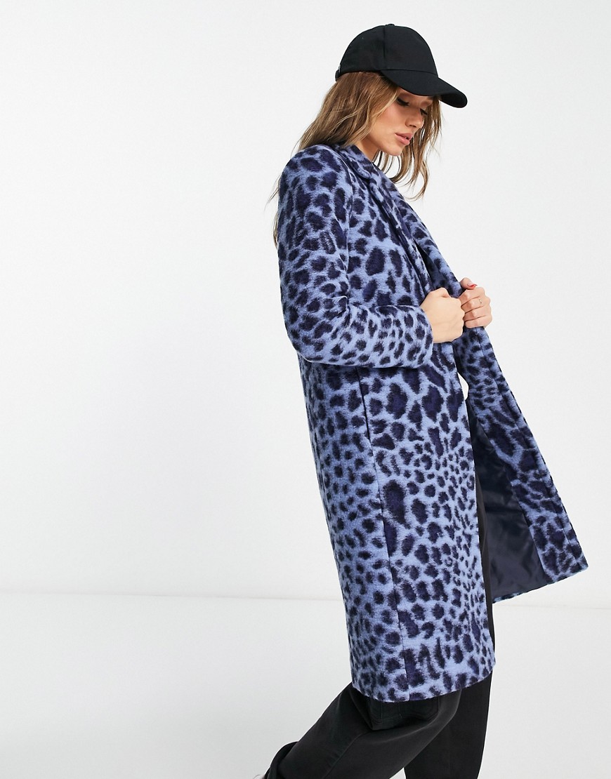 Helene Berman animal print wool blend college coat in blue