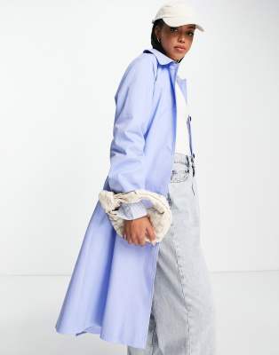 Helene Berman check trim raglan trench coat in blue