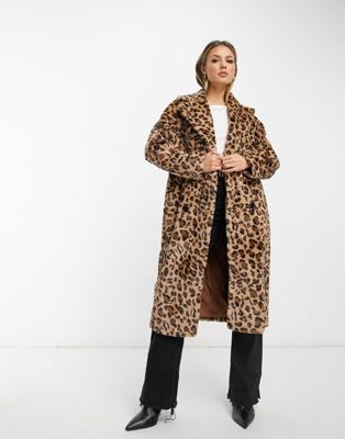 Helene Berman double breasted faux fur coat in brown leopard | ASOS