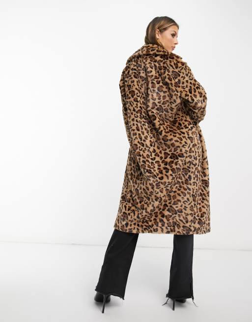 Helene Berman double breasted faux fur coat in brown leopard