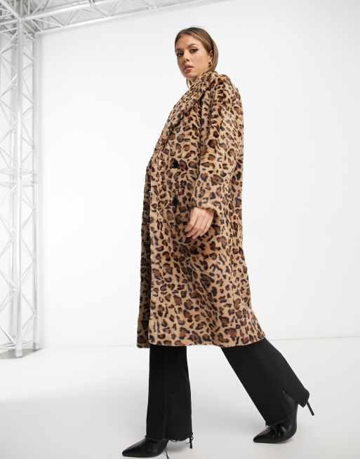 Helene Berman double breasted faux fur coat in brown leopard