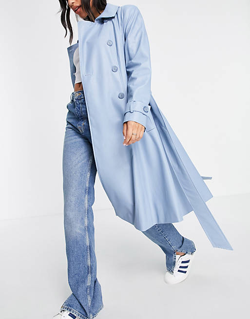 Helene Berman double breasted pleather trench coat in blue