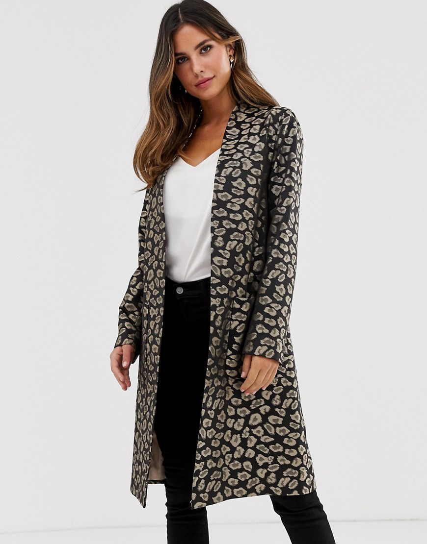 Helene Berman Edge to Edge duster coat in leopard print-Brown