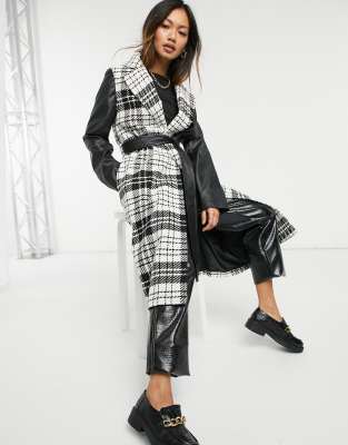 faux leather sleeve wool coat