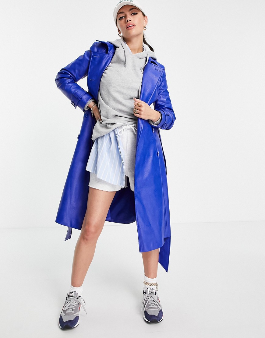 Helene Berman faux leather double breasted trench coat in blue-Blues