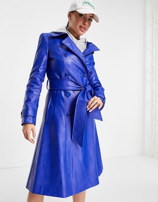 Helene Berman faux leather double breasted trench coat in blue